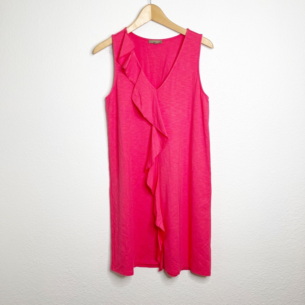 Lilla P Pink Ruffle V-Neck Sleeveless Slub Jersey Shift Dress Womens Small